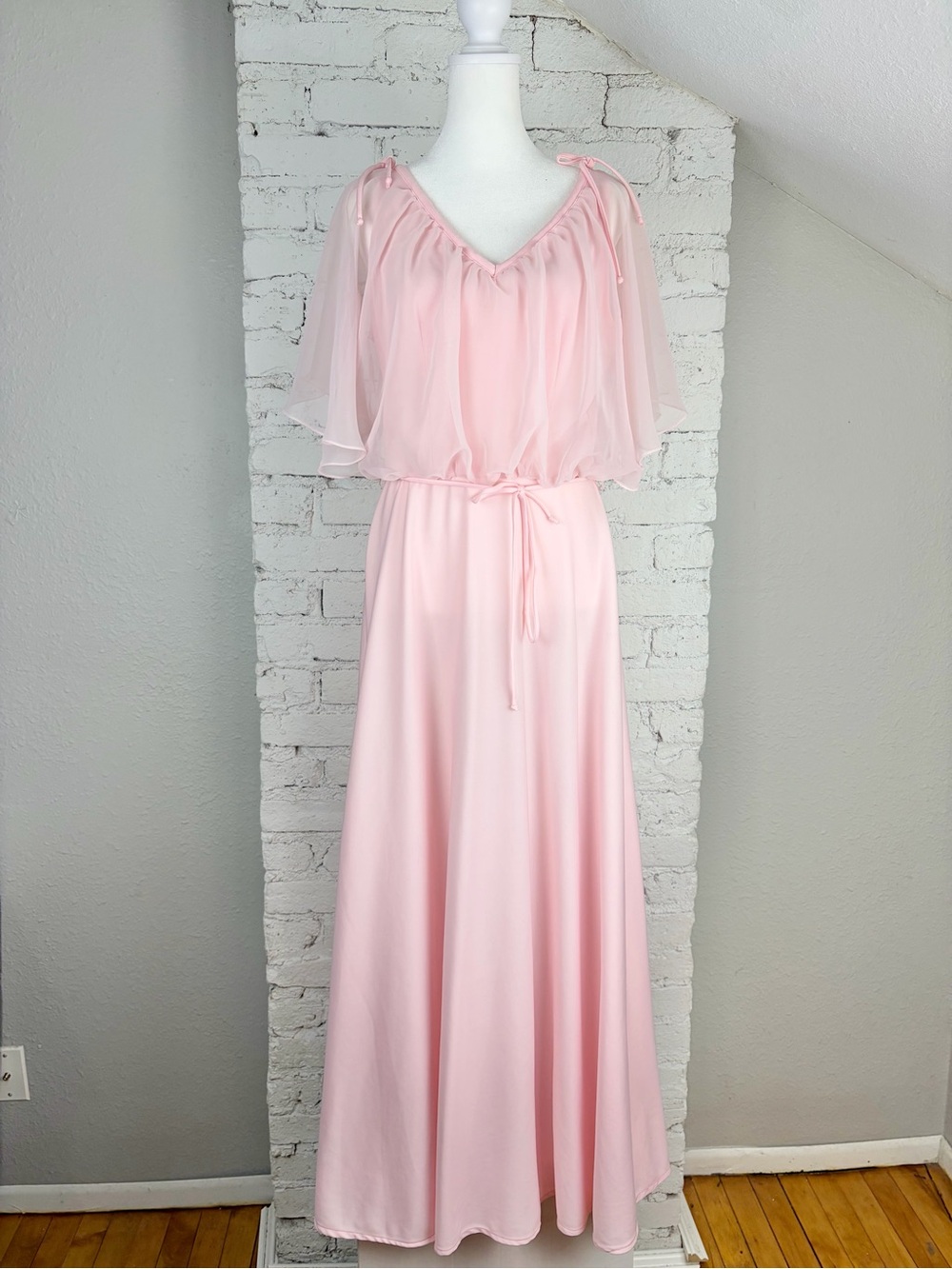 VTG 70s 80s Baby Blush Pink Chiffon Tie Belted Maxi Dress Gown 13/14 Medium